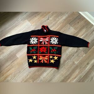 VTG Cricket Lane Holiday Christmas Poinsettia Funky Sweater Red Black Size S M